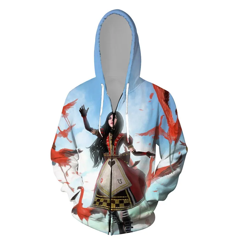 Игра Alice Madness Returns косплей костюм хип хоп 3D печать толстовки для женщин и мужчин Хэллоуин вечерние толстовки на молнии пальто куртка