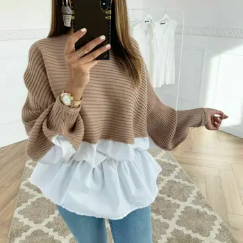 

Fashion Women Autumn Long Lantern Sleeve Casual Shirt Ladies Rib Patchwork Ruffle Round-neck Tops Fashion Blouse S M L XL