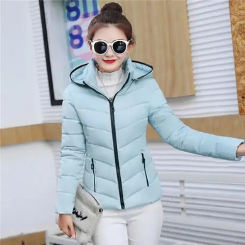 Light blue Новая осенне-зимняя куртка с капюшоном, Женская куртка, пальто, свободные короткие куртки с хлопковой подкладкой, Женская парка, Теплое повседневное пальто большого размера - Цвет: Light blue