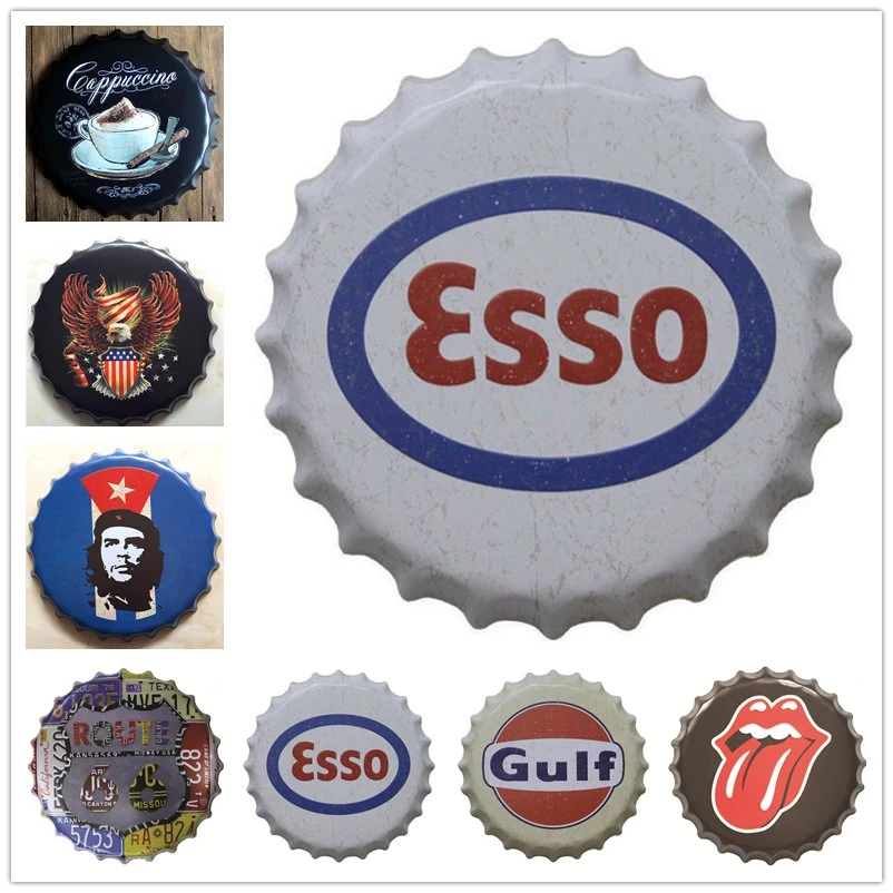 

[Luckyaboy]3D Embossed beer Bottle Caps Metal Tin Signs Plates Retro Wall Art Plaque Vintage Cafe Bar Pub ESSO GULF Home Decor
