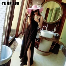 Longitud 127cm negro Slip Long Beach vestido cubrir Chiffon Slit Sexy mujer traje de baño vacaciones traje de baño ropa de playa(China)
