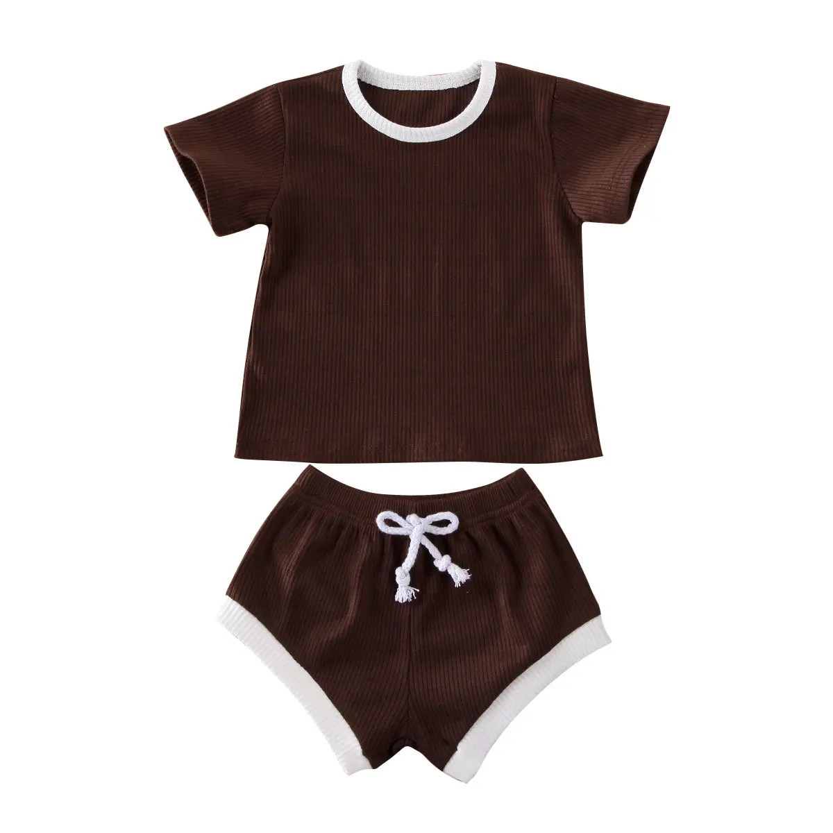 Новинка года; летняя одежда для маленьких мальчиков и девочек детские трикотажные футболки в рубчик с короткими рукавами для новорожденных девочек+ шорты; спортивные костюмы; комплекты - Цвет: Коричневый