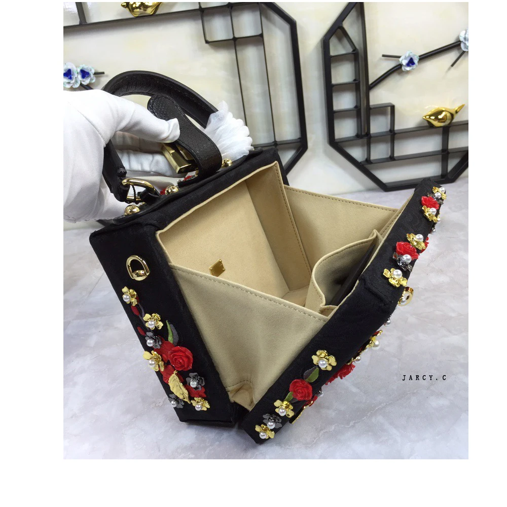 Goddess!Luxury Brand Rivet Lady Bag Genuine Cow Leather Messenger Bags Embroidery Flower Pearl Women Handbag Famous Designer Sac