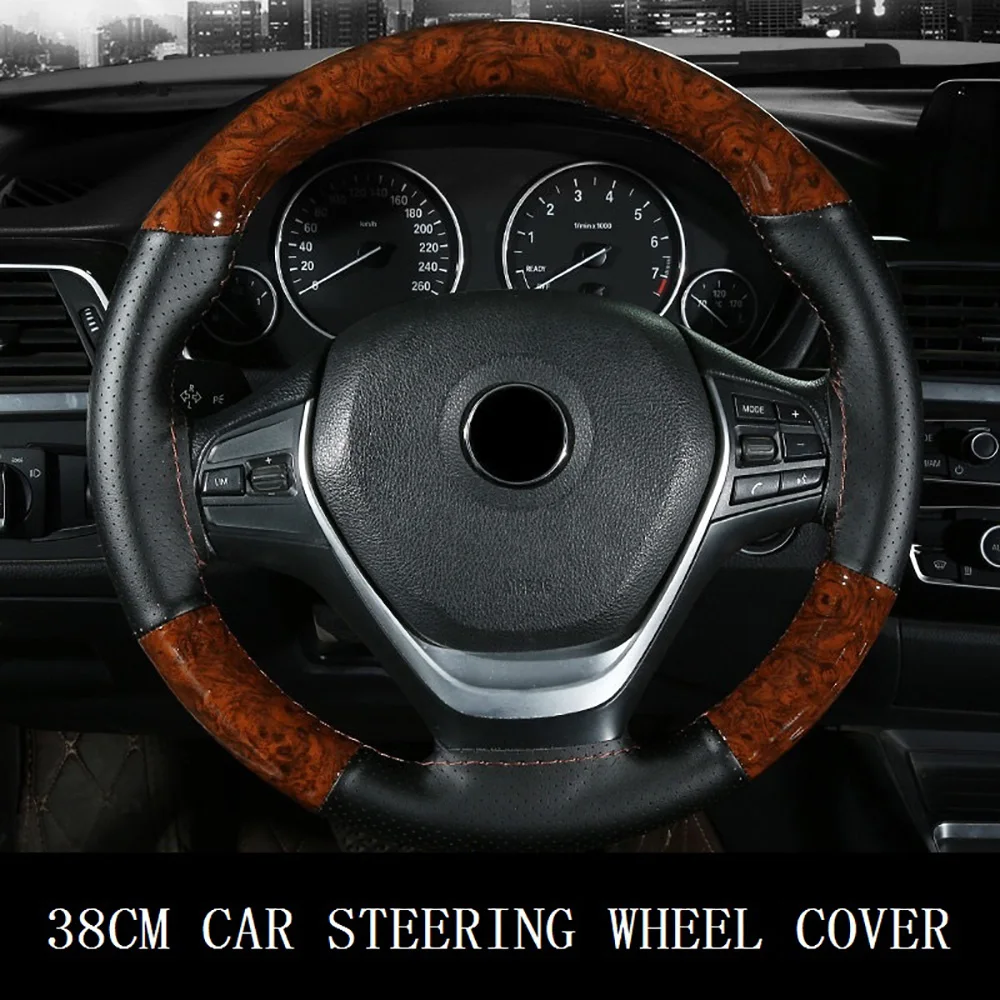 38cm Wooden Pattern Micfiber Leather Car Steering Wheel Cover Braiding Wheel Cover With Needle and Thread