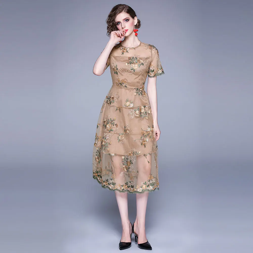 

Luxury Floral Embroidery Party Dresses Women New Fashion Elegant Slim A-line Female Vintage Casual Long Dress N1555