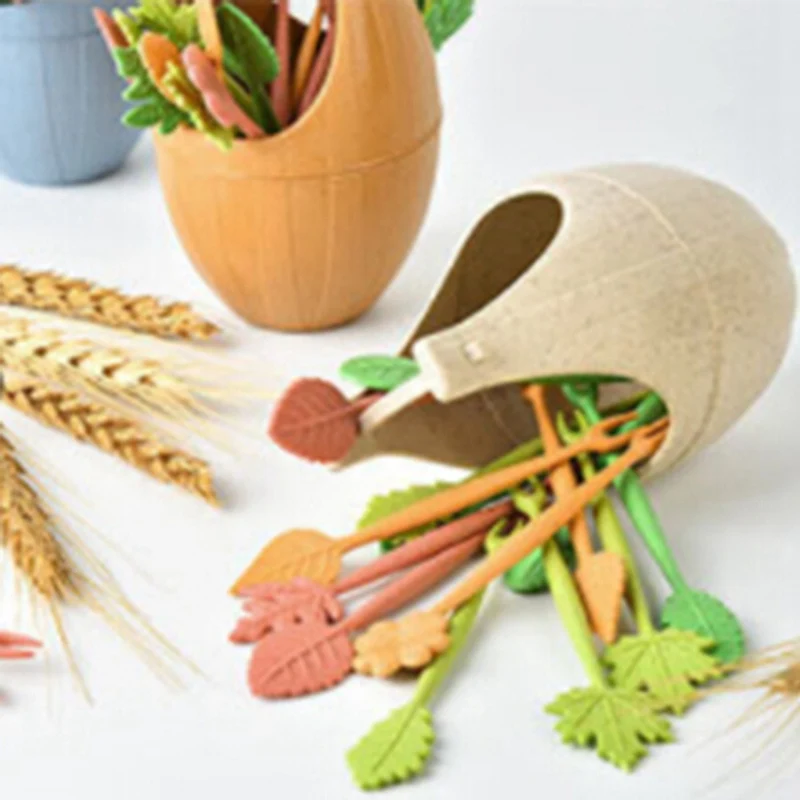 1 set Leaf Shape Fruits Fork Wheat Straw Home Table Decor Toothpick Dessert Leaves Shape Fruit Cake Forks Barrel Holder