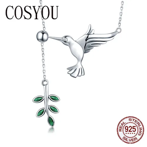 

COSYOU 2019 Authentic 925 Sterling Silver Spring Bird & Tree Leaf Leaves Dangle Pendant Necklace for Women Silver Jewelry SCN217