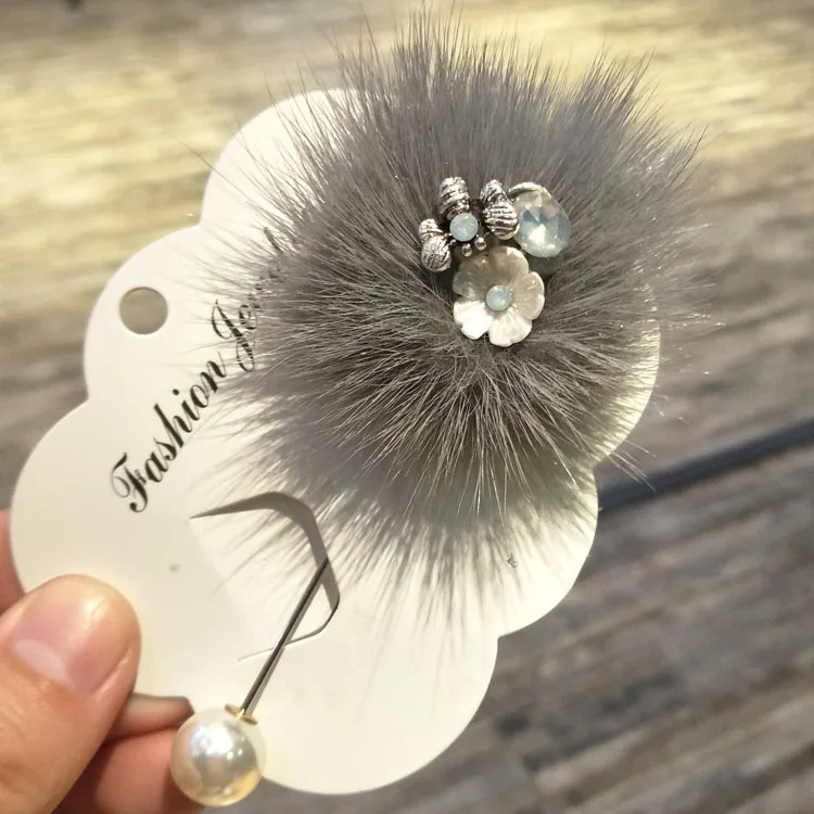 Light Gray Brooch I-Remiel, женская мода, шарик из меха норки, женский цветок, длинная игла, брошь на булавке, шарфы, цинковый сплав, жемчужные булавки и броши, платье для рубашки - Окраска металла: Light Gray Brooch