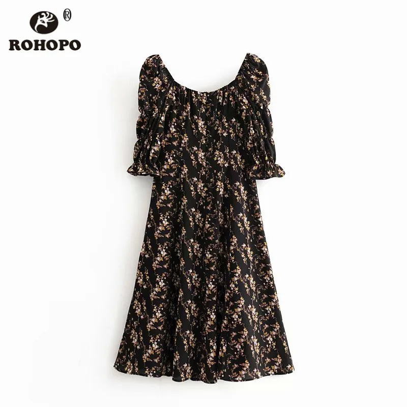 ROHOPO, рукав-фонарик, цветочное, длина до колена, черное платье, квадратный воротник, застежка-молния, элегантные женские Ретро оборки, середина, Vestido#6266