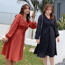 Осеннее Новое Стильное женское платье с длинным рукавом и v-образным вырезом, большие размеры, 200, западный стиль, по возрасту, длинные юбки с завязками, 2129