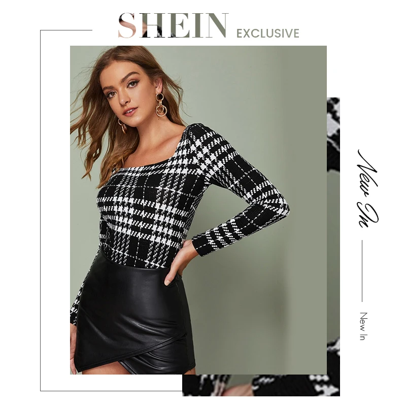 SHEIN черно-белый клетчатый топ с квадратным вырезом, женские элегантные футболки, Осенние офисные женские облегающие футболки с длинным рукавом