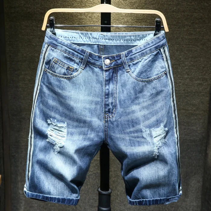 

2020 Summer New Style with Holes Denim Shorts Male Fifth Pants Slim Fit Straight-Cut Shorts Korean-style Trend Men's Troser