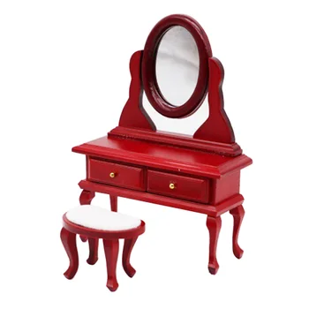 

1/12 Scale Miniature Dollhouse Pocket Dressing Table Stool Set - Mahogany Colour