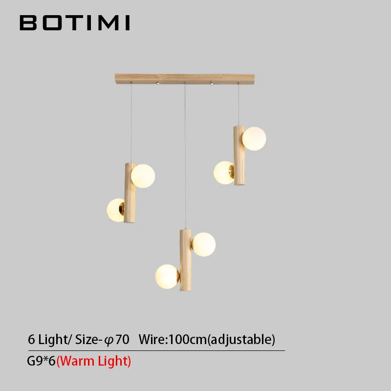 BOTIMI 4 Hanging Wooden LED Pendant Lights With Glass Ball Lampshade For Dining Modern Wood Suspension Kitchen Lighting Fixtures - Цвет корпуса: 6 Light