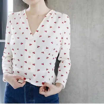 

100% Viscose New V Neck Women Cherry Print Blouse Long Sleeve Sweet Ladies Short Shirt Top With Buttons