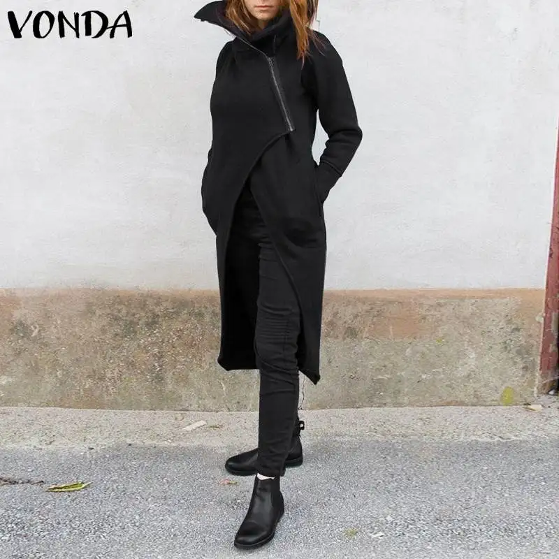 VONDA куртка под слинг женские сексуальные куртки однотонного цвета с длинным рукавом с асимметричным подолом свободные карманы однотонное длинное пальто Cardigan кардиган