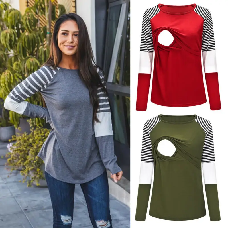 

Pregnant Maternity Clothes Women Nursing T-Shirt Striped Autumn Spring Casual Ladies Breastfeeding Long Sleeve Top