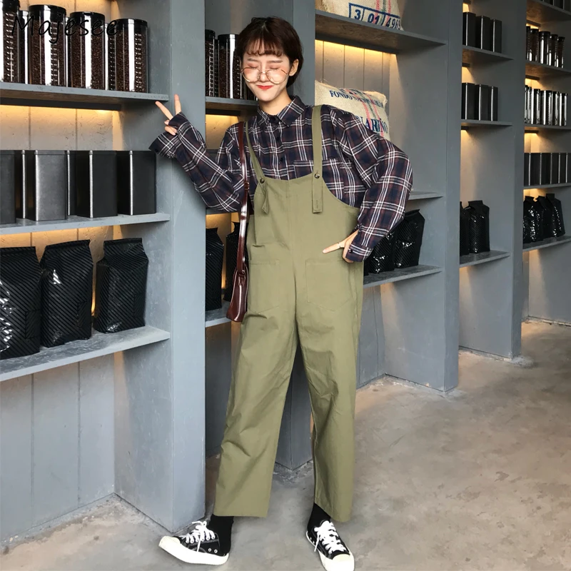 Женский комбинезон, однотонный, прямой, Harajuku, Ретро стиль, женские, s, брюки карго, BF, студенческий, простой, свободный, подходит ко всему, корейский стиль