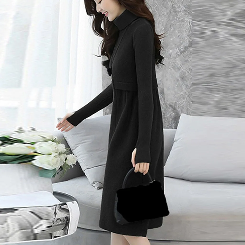 Sukienki vestidos, платье размера плюс, женское, элегантное, до колена, с карманами, с длинным рукавом, шерстяное платье, ropa mujer robe femme