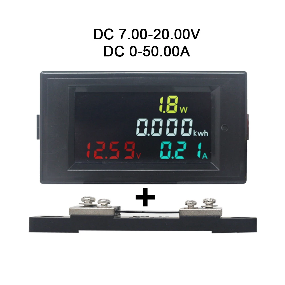 4 in 1 DC Voltage Current Active Power Energy Meter DC 7-20V 20A/50A/100A Voltmeter Ammeter with Full-view LCD Display - Цвет: 50A with shunt