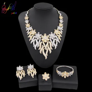 

Yulaili Trendy Luxury Wedding Jewelery Sets for Women Cubic Zirconia Bridal Crystal Flower Necklace Earrings Bracelet Ring Set