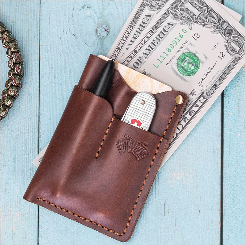 Handmade Oil Wax Leather Holster EDC Organizer Pocket Outdoor Multitools-Brown