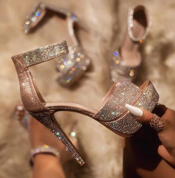 Sandalias de plataforma con lentejuelas brillantes para mujer, zapatos de tacón de baile tacón con correa en el tobillo, sandalias de boda _ - AliExpress