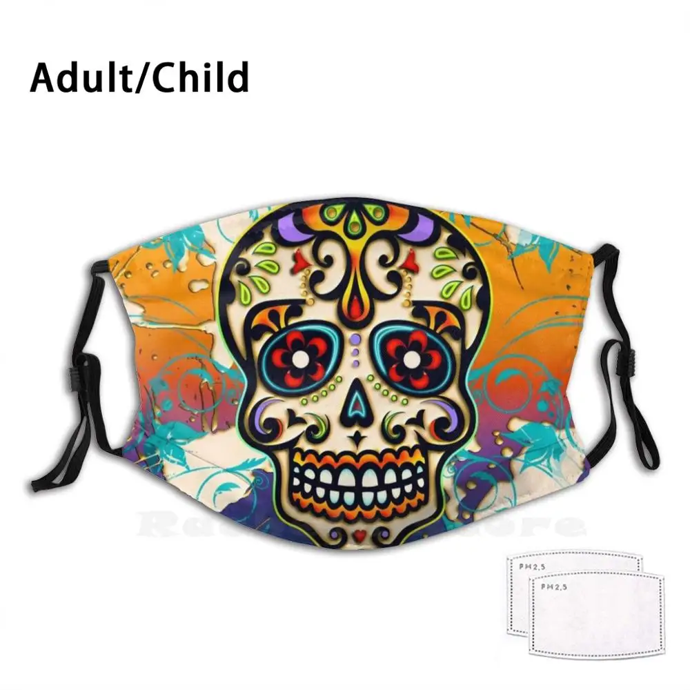 

Mexican Sugar Skull , Dias De Los Muertos , Days Of The Dead Print Washable Filter Anti Dust Mouth Mask Mexican Scull Halloween