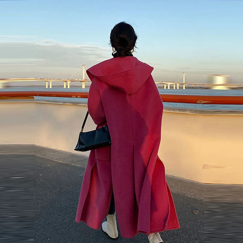 

Winter Women Warm Loose Hooded Woolen New Red Long Coats Female Elegant Sashe Pocket Full Sleeve Oversize Streetwear
