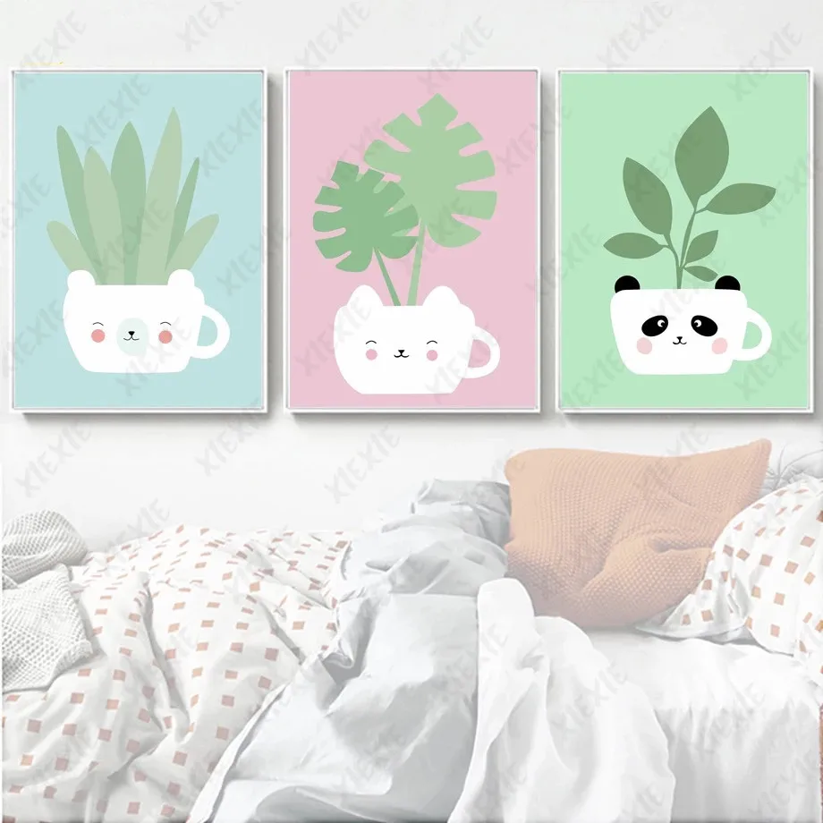 

Cartoon Potted Canvas Painting Fresh Poster Plant Monstera Leaf Wallpaper Print Nordic Style Craft Decoration Home Bedroom
