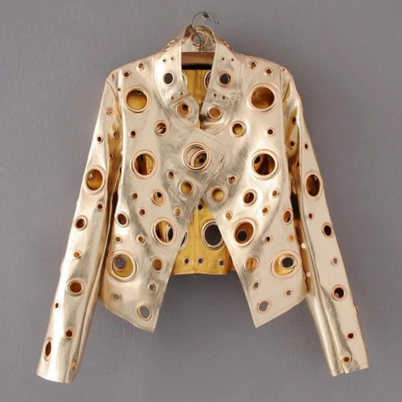gold PU jacket Короткая женская тонкая американская модная куртка из искусственной кожи с вырезами и заклепками, Байкерская байкерская куртка из искусственной кожи - Цвет: gold PU jacket