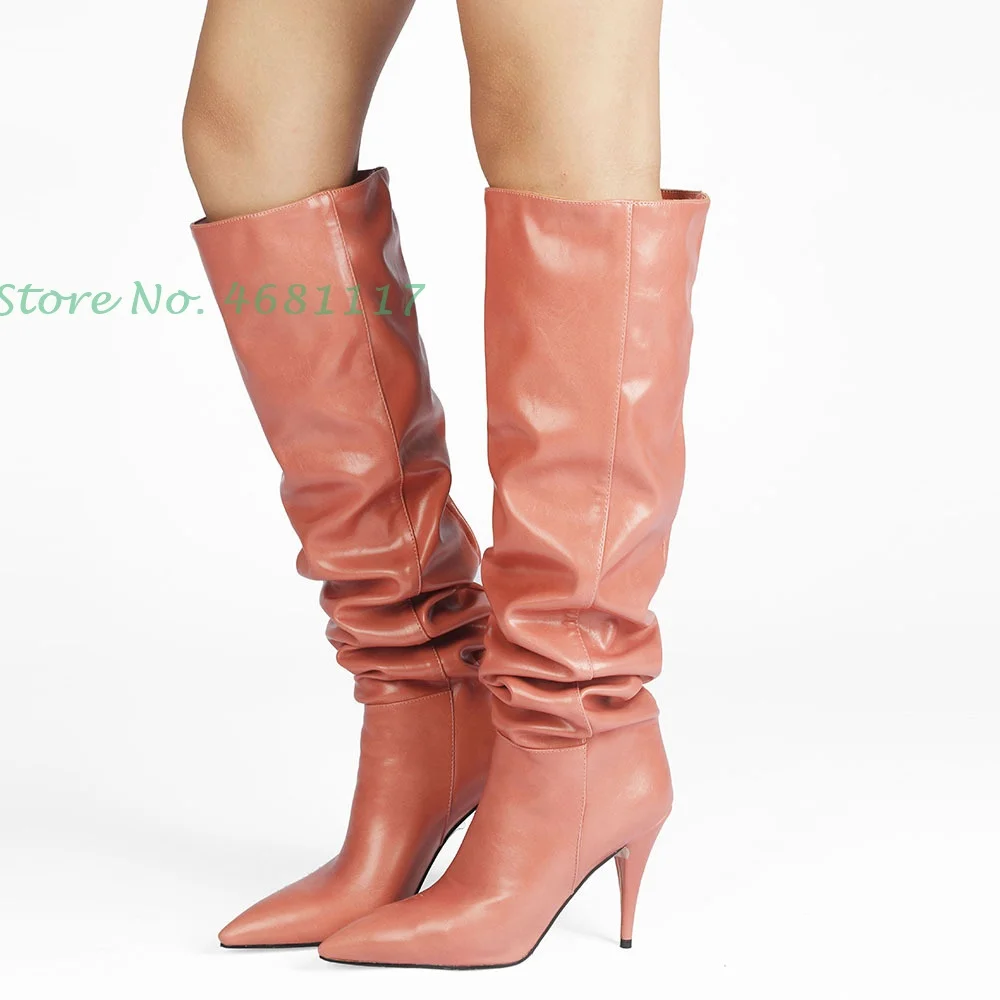 

Pointed Kitten Heel Knee High Boots Pleated High Thin Heels Brand Women Long Boots Slim Style Pink Black Boots Dress Shoes