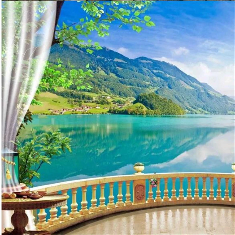 beibehang Customized large murals fashion home improvement 3D forest balcony lake blue sky clear water white clouds river wall |