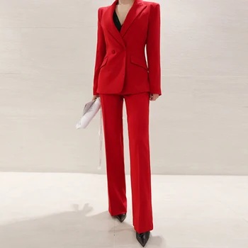 

New arrival fashion autumn women high quality temperament suit and fashion solid pant work style elegant red slim pant suit