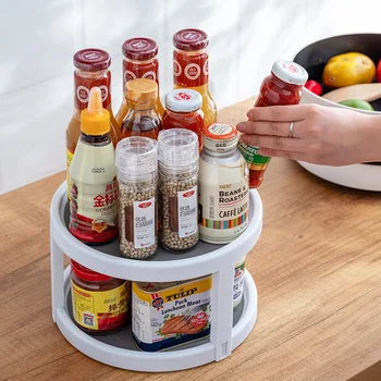 

360 Degree Rotating 2 Tier Spices Fruit Tray Turning Table Rotatable Desktop Storage Home Kitchen Storage Rack Stand