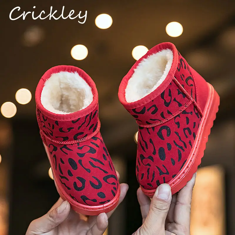 

Children Snow Boots Pu Leather Leopard Print Winter Boots for Toddler Boys Girls Plush Comfortable Non Slip Kids Warm Boots
