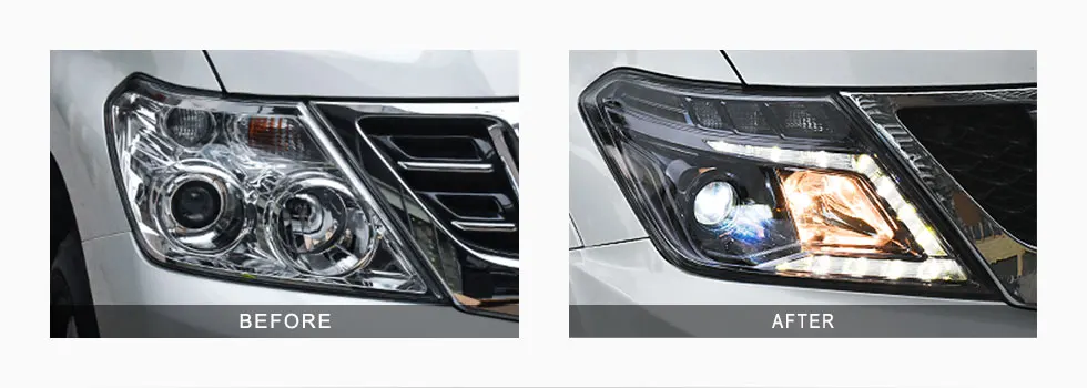 Корпус передней фары в сборе автомобиля для Nissan Patrol 2010-2013 фары, светодиодные фары DRL Объектив Двойной Луч Биксенон HID Q5 весь комплект