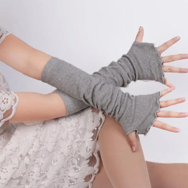 Women's long Gloves Arm warm Mangas Autumn Winter Overlength Sleeve Lotus Leaf Gloves Stretch Knit Mittens Touch Screen Gloves