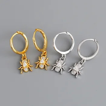 

Ladies 100% 925 sterling silver inlaid zircon spider pendant hoop earrings, girl party punk jewelry gift accessories