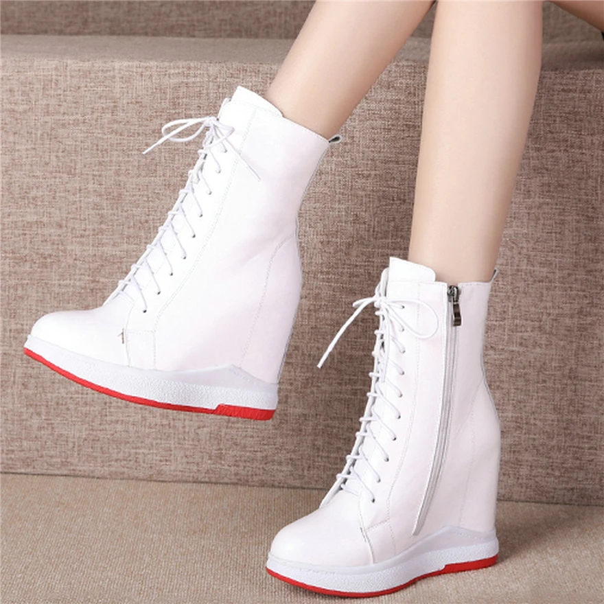 

2020 Winter Platform Oxfords Shoes Women Lace Up Genuine Leather Wedges High Heel Ankle Boots Female Round Toe Fashion Sneakers