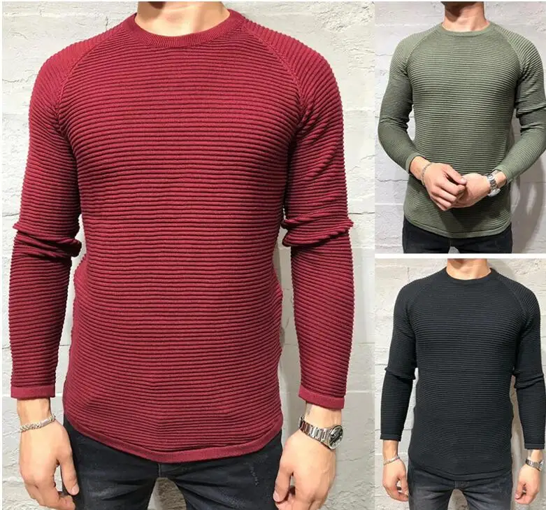 Волнистый свитер Повседневное Slim fit пуловер осень вязаный, с круглым вырезом в полоску, со вставками, на зиму, теплые классический свитер