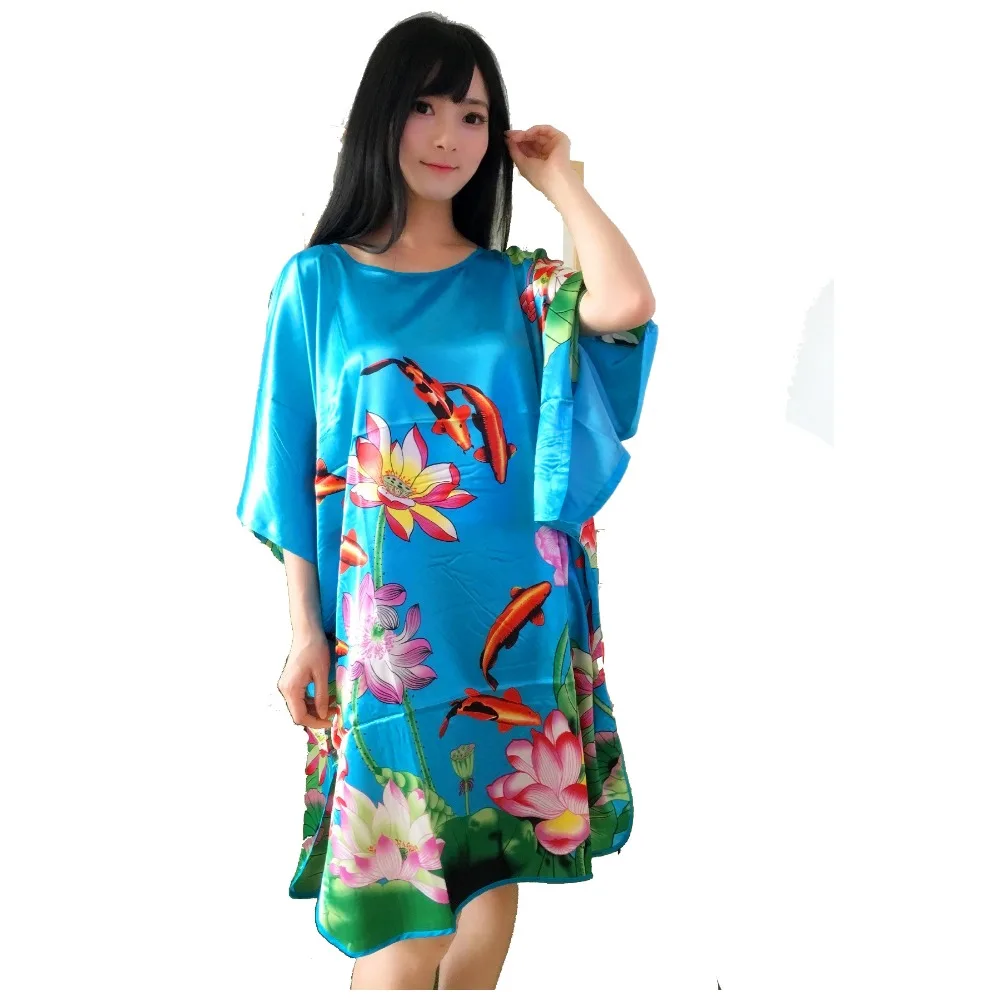 

Blue Women's Hand-Painted Peony Satin Rayon Robe Gown Sexy Nightgown Summer Casual Home Robe 030711