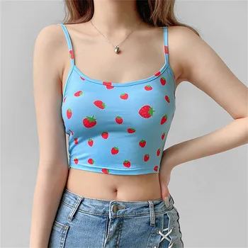 

Women Camis Crop Top Sleeveless Casual Vest Strawberry Printed Slim Camisole Tops Korean Clothes Club Women Camis Cropped Famale