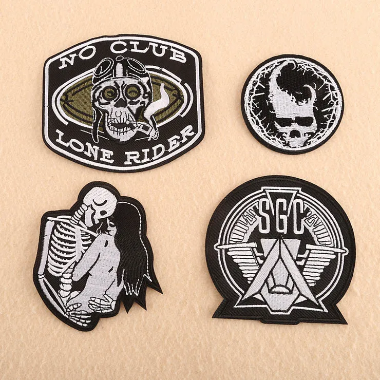 

Skull rider embroidered iron on patch, punk biker vest fabric badge, backpack jean clothing accessories DIY