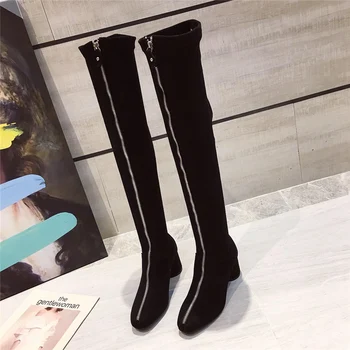 

Women Over 2020 The Knee Boots Black Round High Heels Flock Sock Boots Zippers Long Boots Square Toe Knee High Boots Dress Shoes