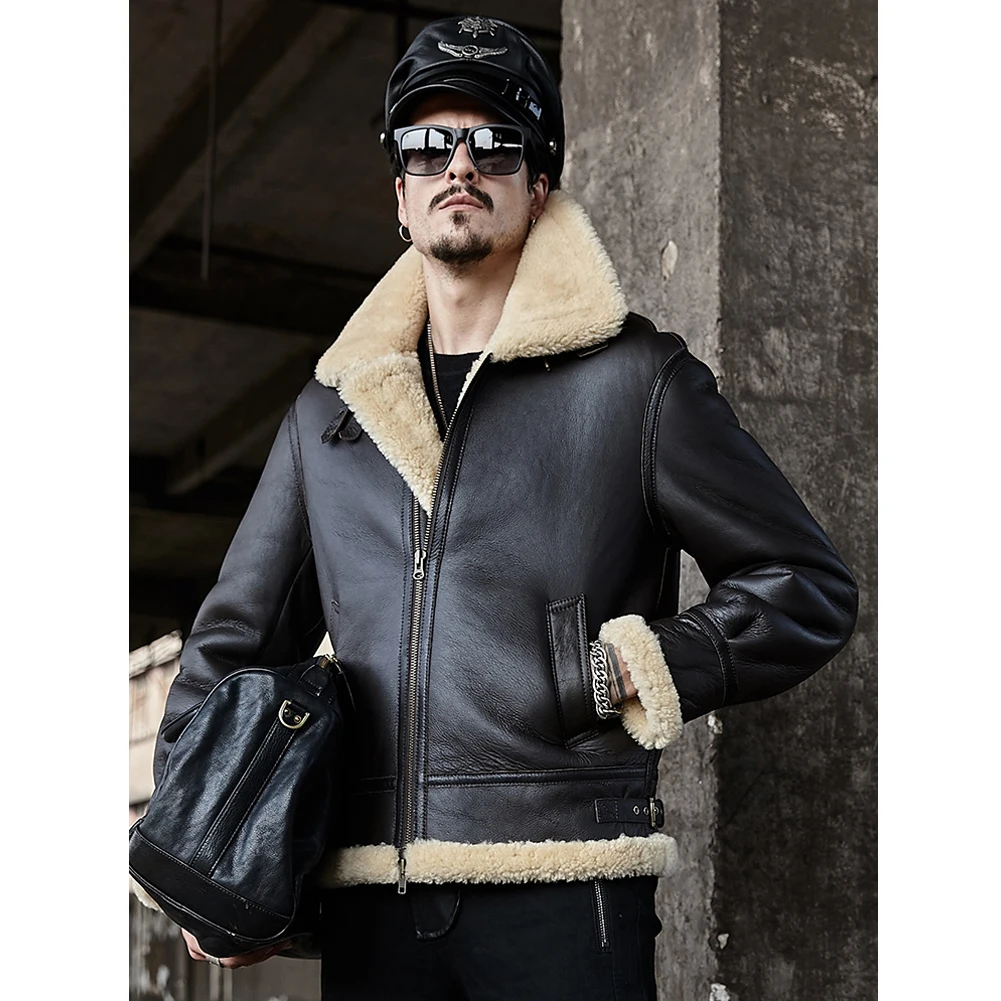 Мужская Черная куртка из овчины B3 авиационная куртка Короткая кожаная куртка размера плюс Толстая Шуба