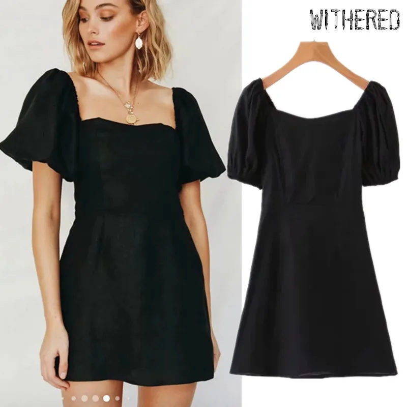 Увядное модное винтажное черное платье для женщин vestidos sqaure воротник с длинным рукавом vestidos de fiesta de noche льняное платье