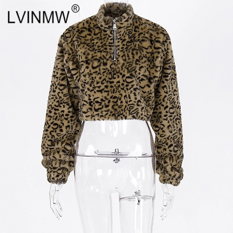 LVINMW Модный укороченный топ с леопардовым принтом из овечьей шерсти на молнии зимний женский сексуальный пуловер с длинным рукавом Женские уличные Топы