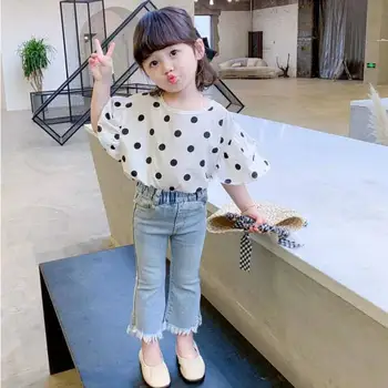 

2020 Summer Girl Clothes Set Toddler Kids O-neck Collar Black Dot T-shirt+Jeans Pant 2Pcs Set Children Clothing Suits For 18M-8