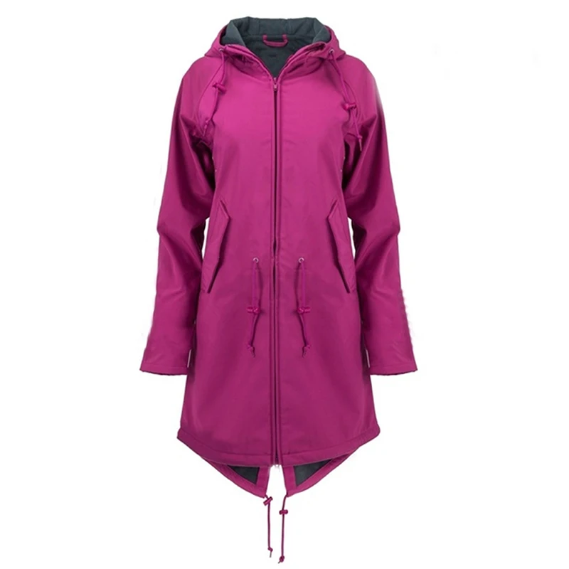 Зимние толстые женские ветровки с капюшоном Длинная куртка на молнии сплошной цвет Карманы Водолазка с длинным рукавом куртки пальто - Цвет: Фиолетовый